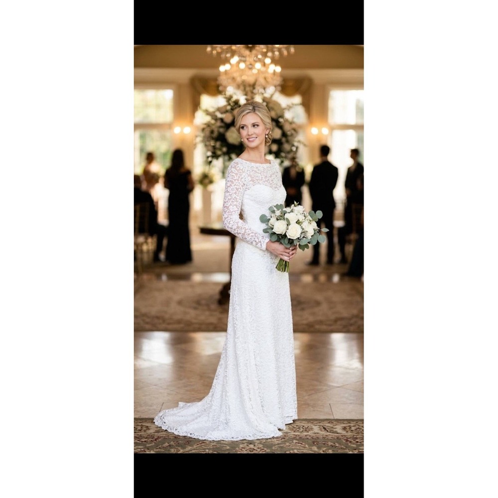 Vintage 80s Lace Pearl Long Sleeve Wedding Dress Boatneck Train Bridal Gown S